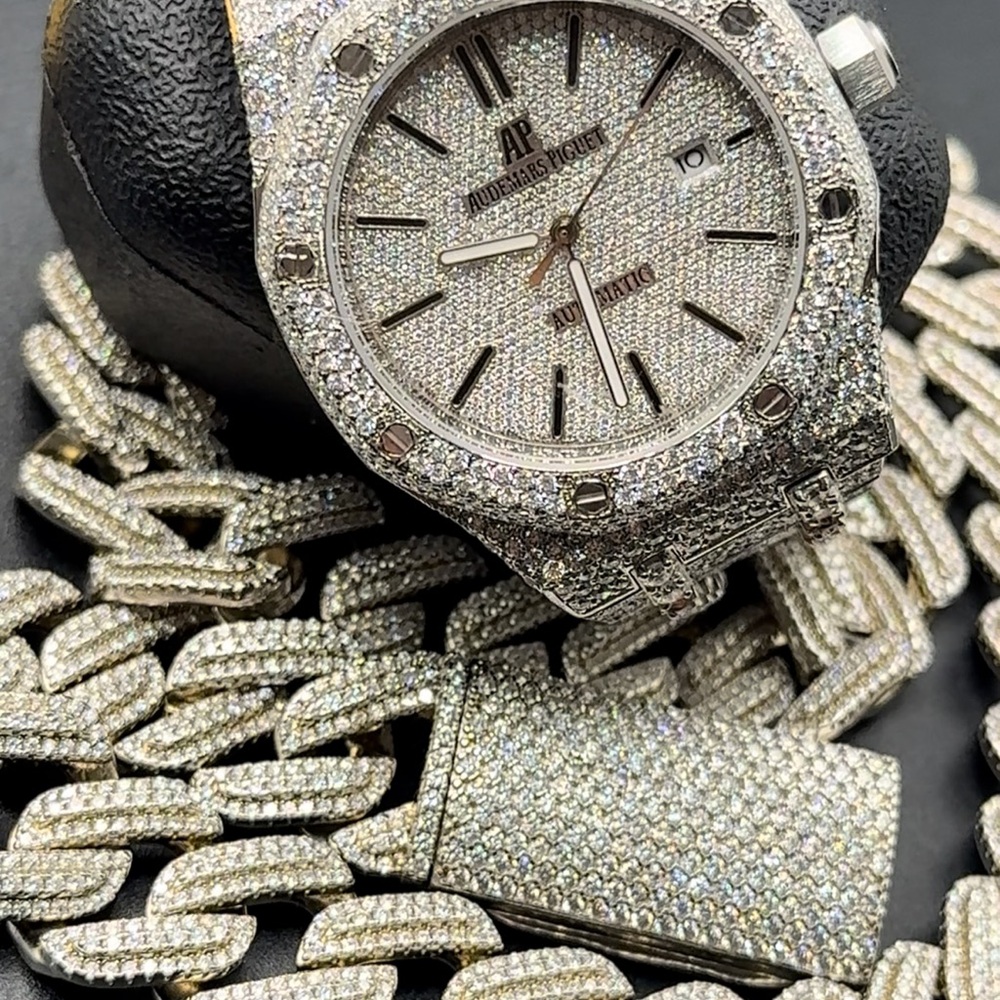 Audemars Piguet Silver Diamond Watch and 18 in Cuban Chain
